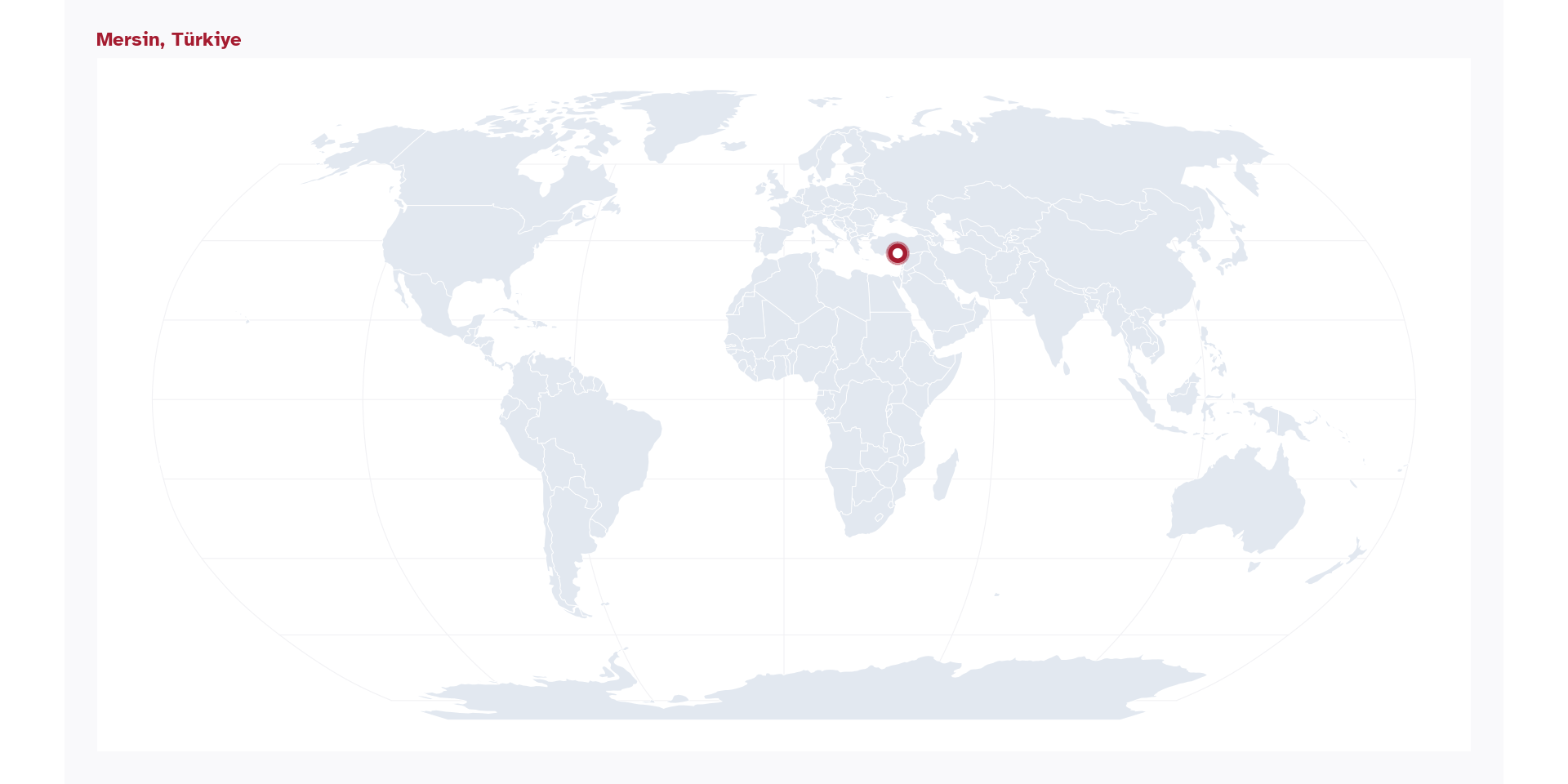 World Map with title that reads Mersin, Turkiye and location south of Turkey on the Mediterranean cost is highlighted