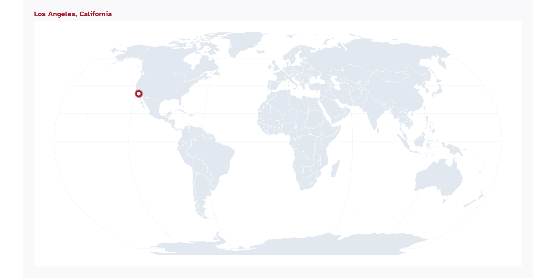 World Map with title that reads Los Angeles, California and location on the West Coast of the United States on the Pacific coast is highlighted