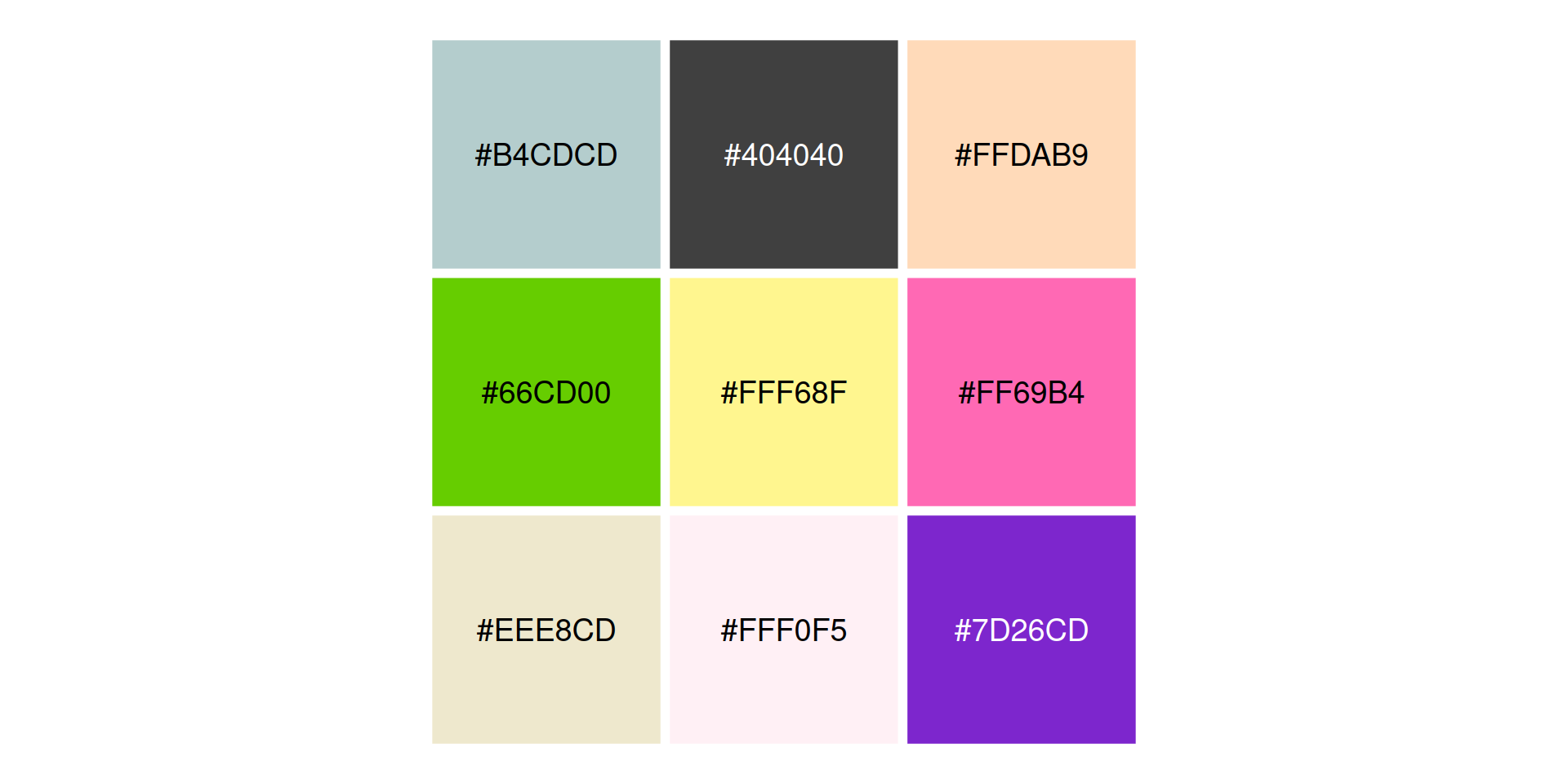Color palette grid showing nine colored squares, each labeled with its hexadecimal color code, including #B4CDCD, #404040, #FFDAB9, #66CD00, #FFF68F, #FF69B4, #EEE8CD, #FFF0F5, and #7D26CD.